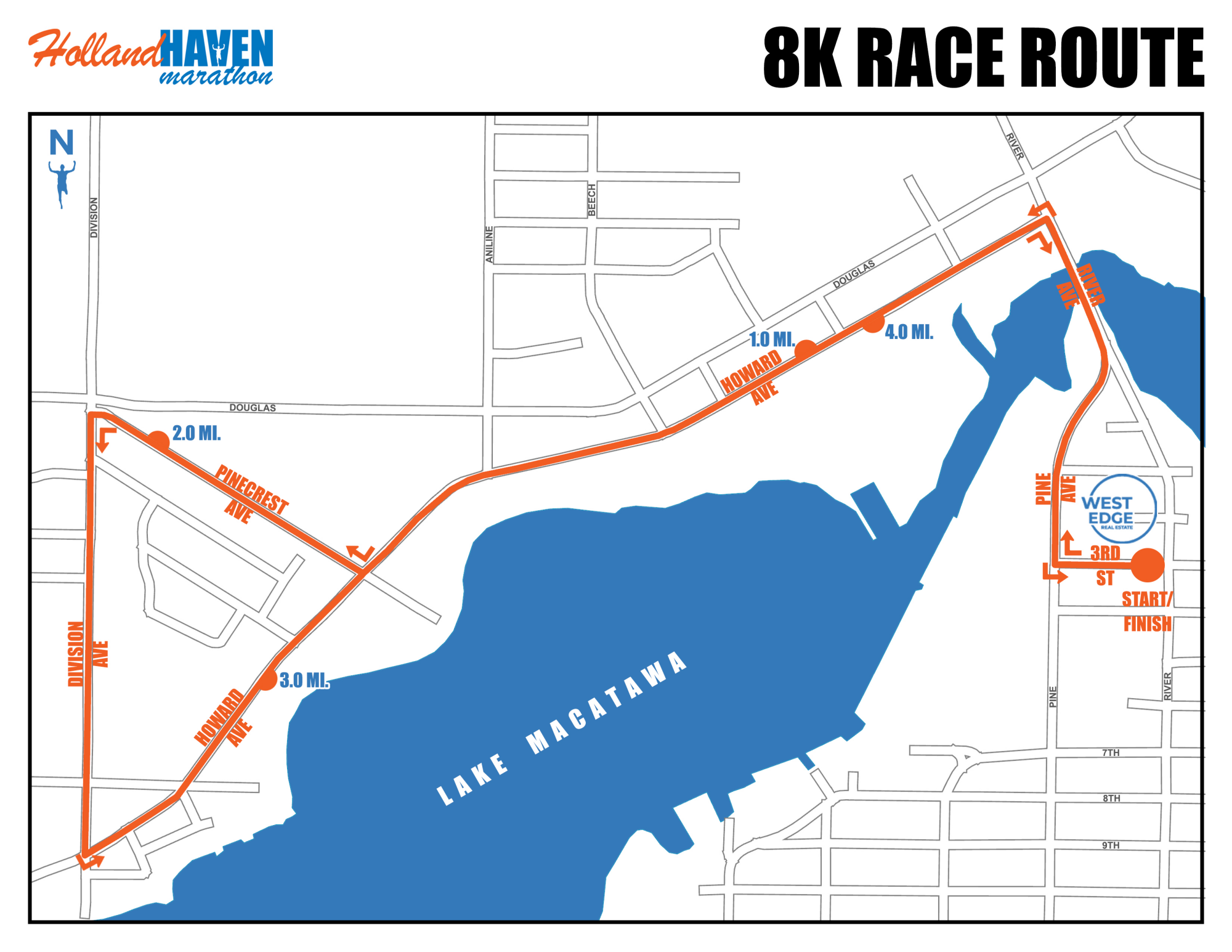 8K race route map. A text route overview is provided alongside this map.