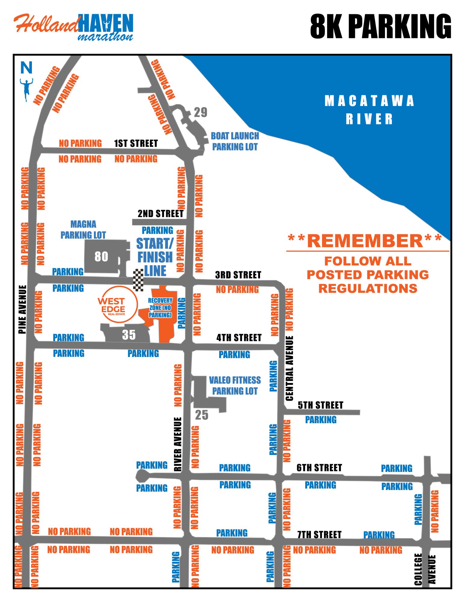 8K & finish area parking map. Parking locations and restrictions are described below.