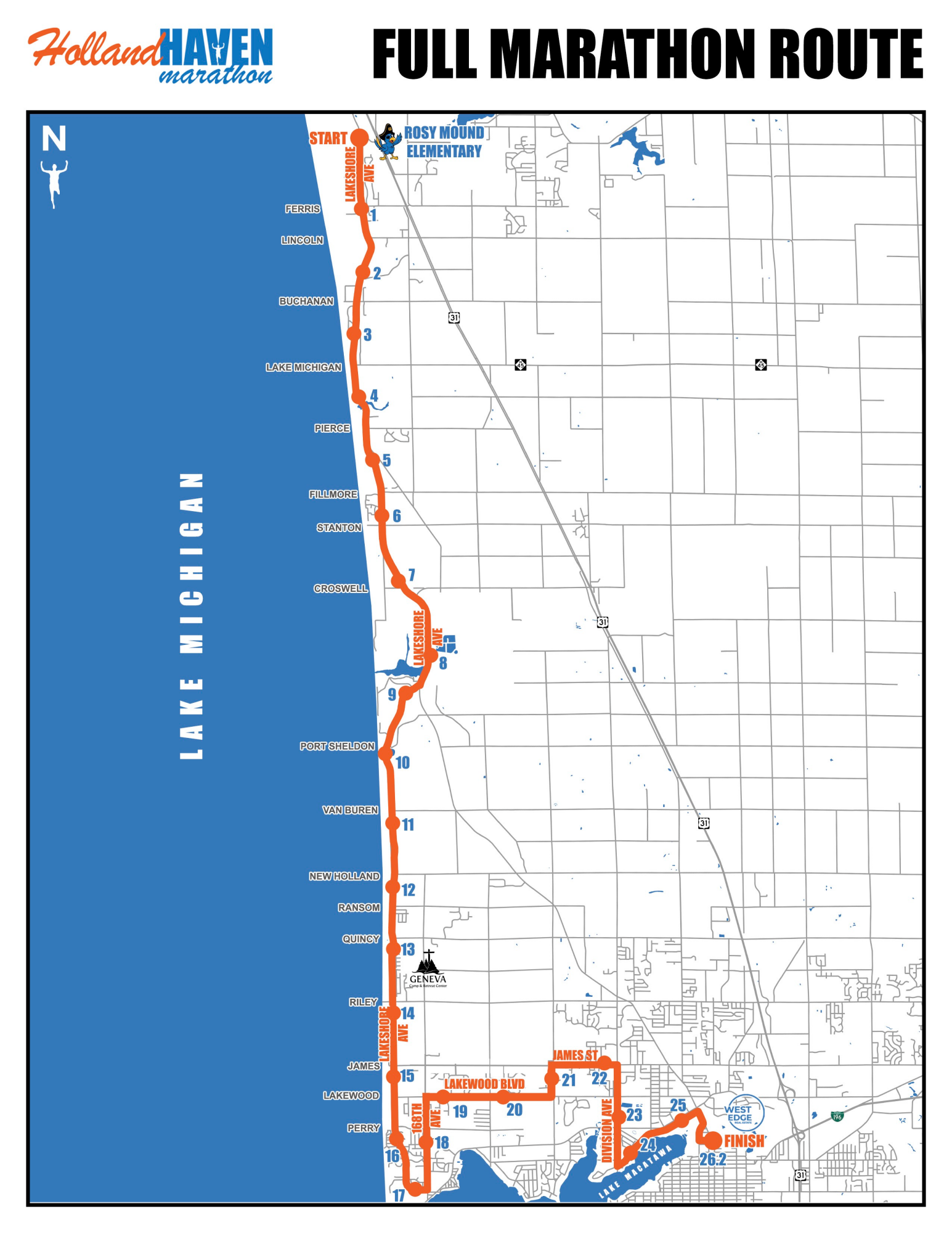Full marathon route map. A text route overview is provided alongside this map.