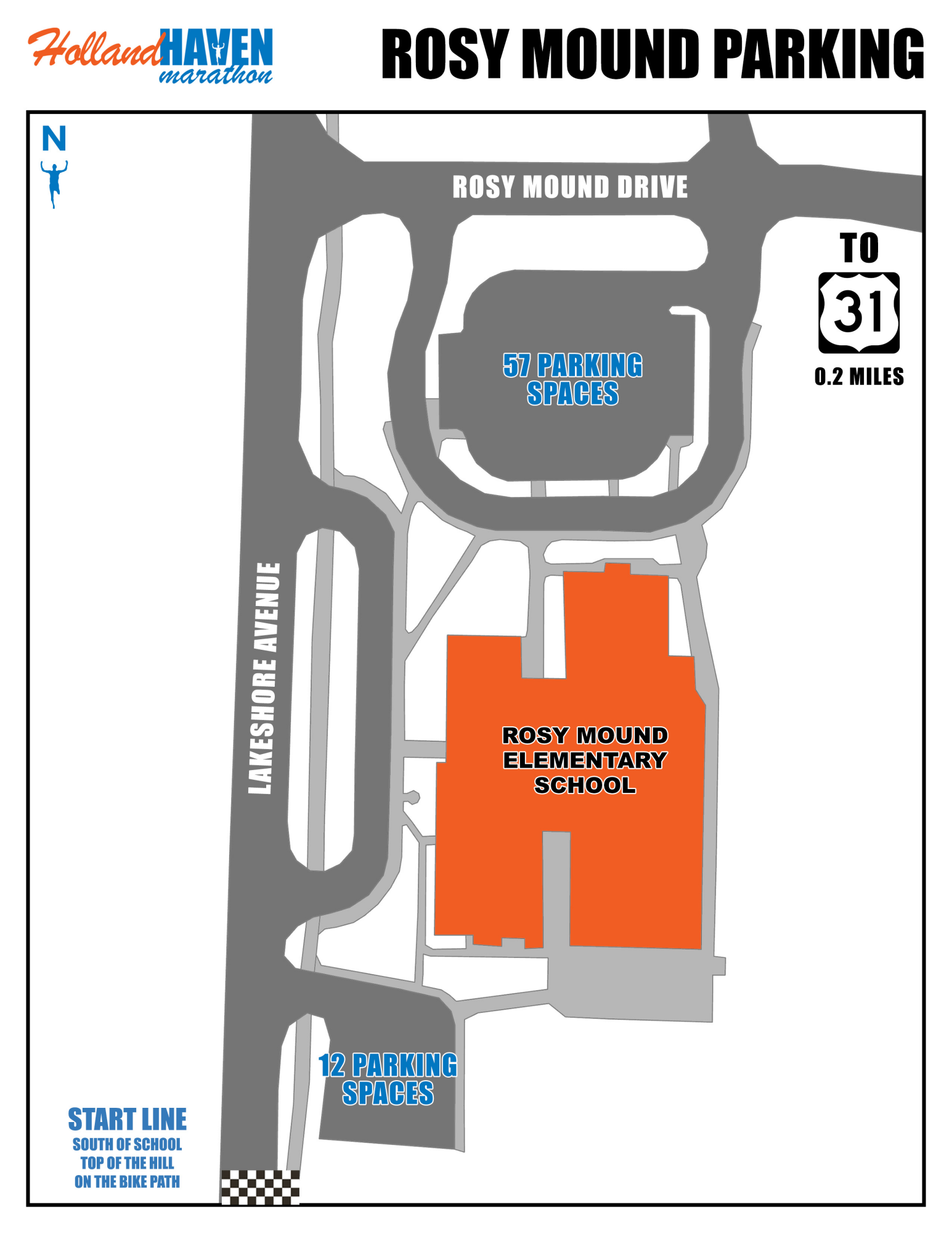 Full marathon start parking map. Parking locations and restrictions are described below.