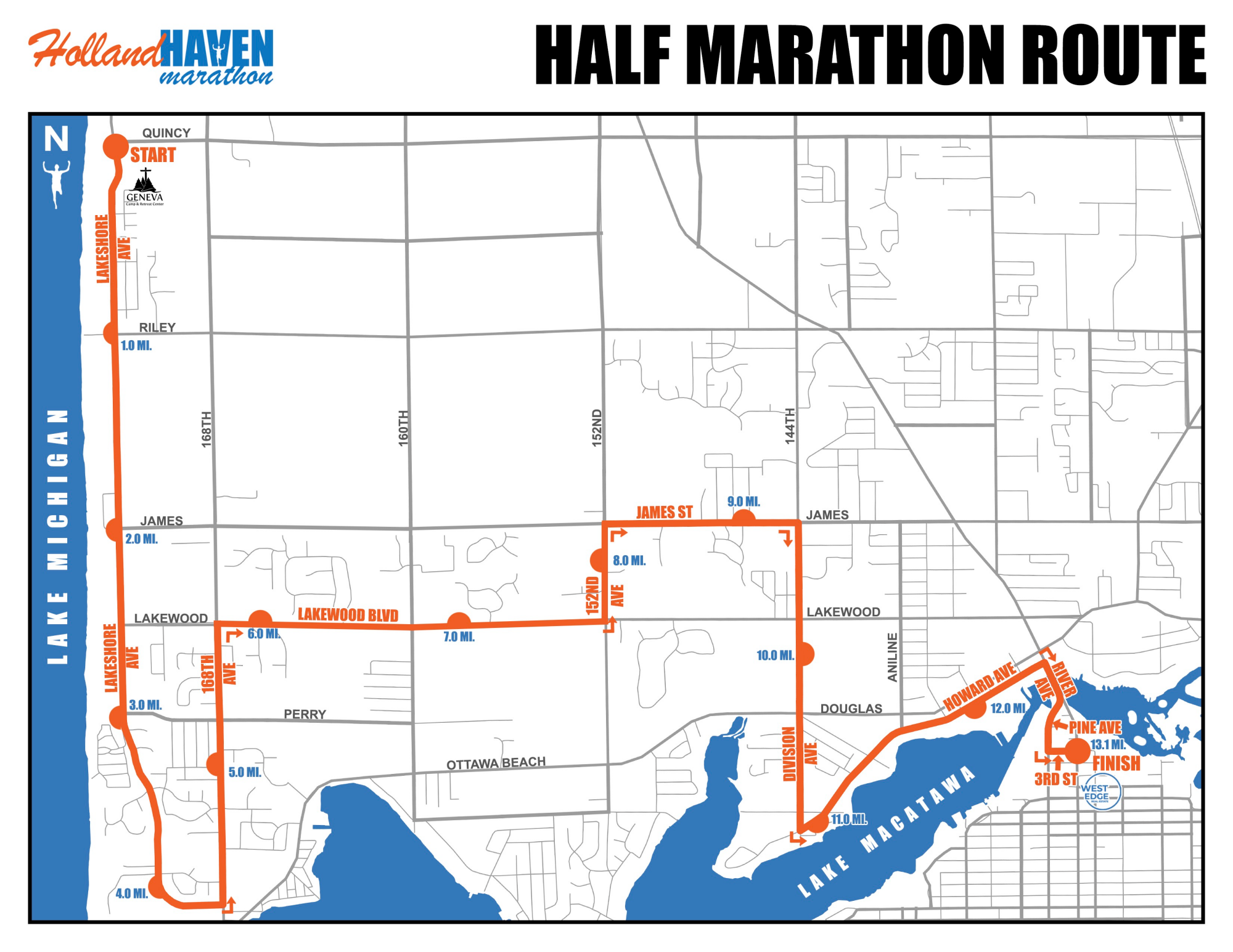 Half marathon route map. A text route overview is provided alongside this map.