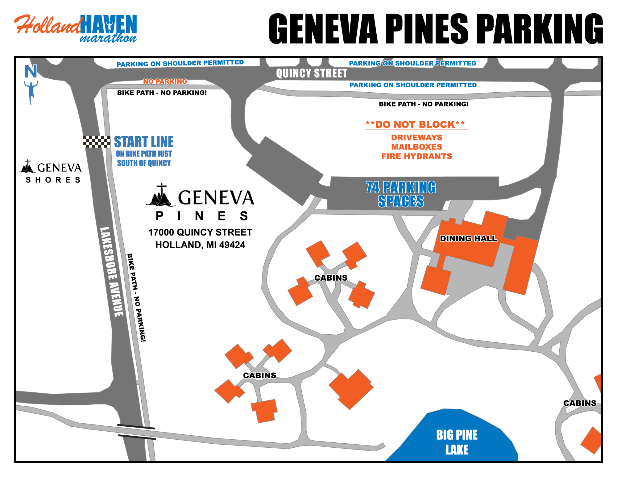 Half marathon start parking map. Parking locations and restrictions are described below.